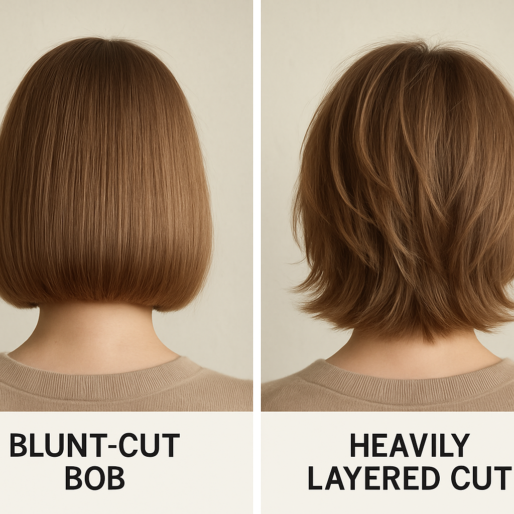 A side-by-side comparison of a blunt-cut bob and a heavily layered cut on fine hair, showing the visual weight difference.