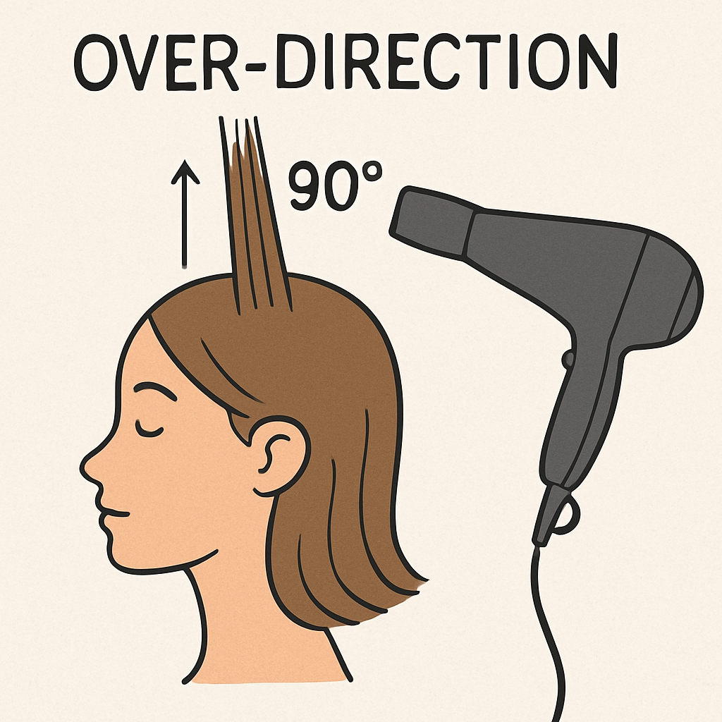 A simple illustration showing a blow dryer lifting hair at a 90-degree angle from the scalp with the word 'Over-Direction.'