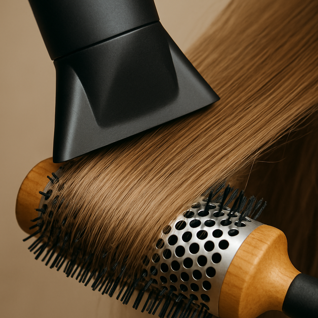 A close-up of a blow dryer nozzle (concentrator) smoothing a section of hair over a round brush.
